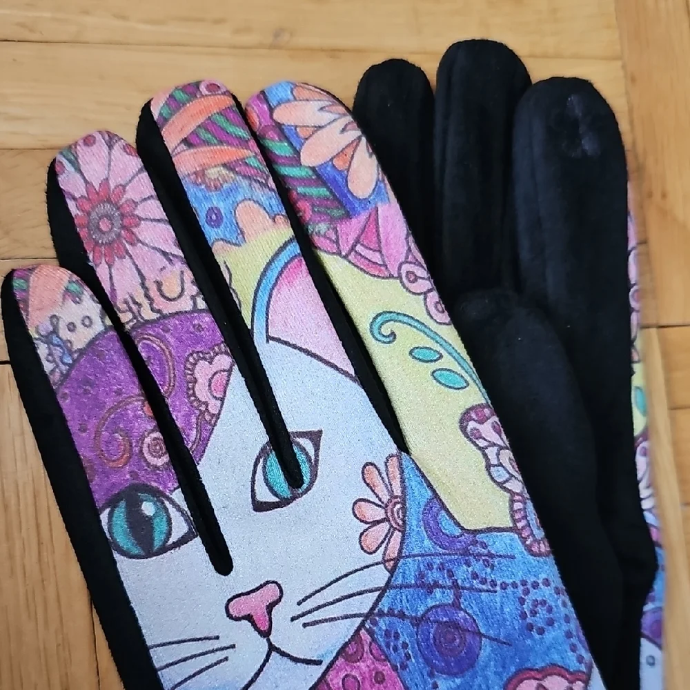 Women's Fleece Colorful Cat Design Gloves